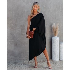 Sonja One Shoulder Asymmetrical Midi Dress - Black